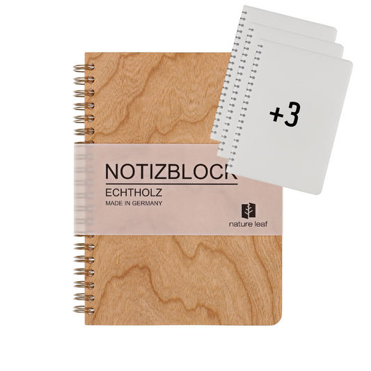 Vielschreiber Set | Notizblock aus Holz Kirsche | 200 Seiten inkl. 3x Nachfüllung